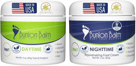 Bunion Balm 2 Step Soothing Bunion Kit. Natural Daytime Hallux Valgus Comfort Cream & Nighttime Moisturizing & Healing Lotion for Aching Bunions & Dry Cracked Skin