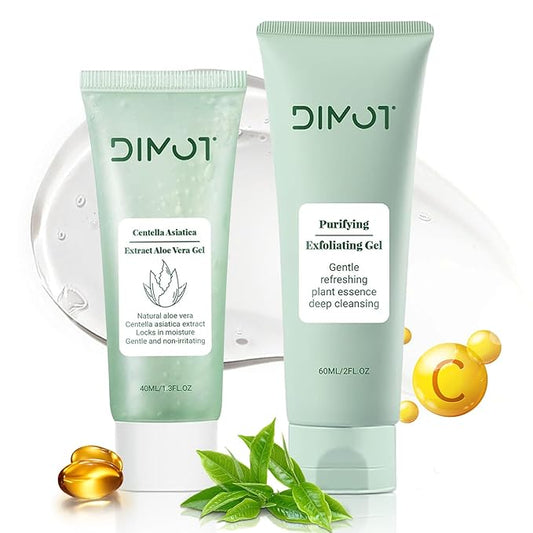 Purifying Exfoliating Gel, Facial Exfoliator Cleanser, Exfoliating Face Scrub with Aloe Vera Gel,Gentle Exfoliator Facial Cleanser for All Skin Types, Skin Care Set for Men & Women (Green, 2pc)