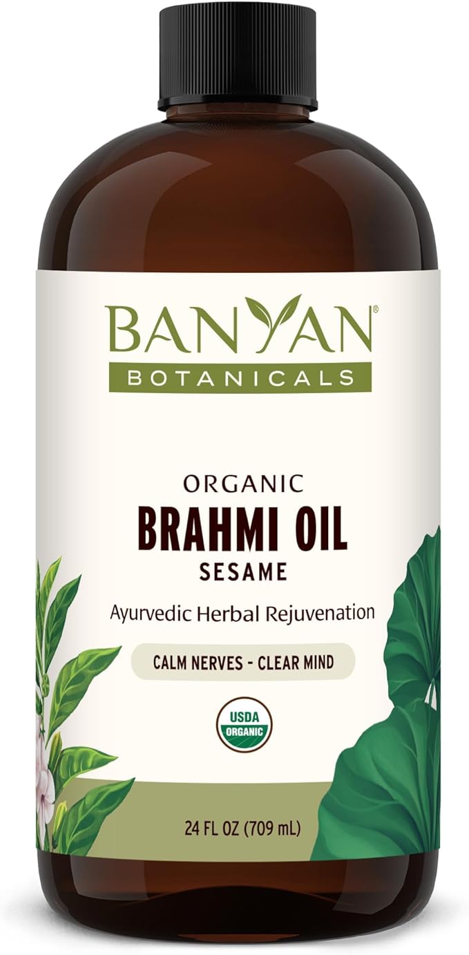 Banyan Botanicals Brahmi Oil with Sesame – Organic Ayurvedic Massage Oil with Gotu Kola and Bacopa ­­– Calming Massage Oil for Focus & Relaxation – 24 oz – Non GMO Sustainably Sourced Abhyanga Oil
