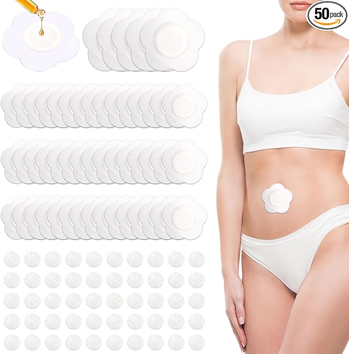 50pcs Castor Oil Wraps for Belly Button, Self-Adhesive Disposable Removable Cotton Patches Breathable Single-Use Organic Compress Pads (Oil Not Included)