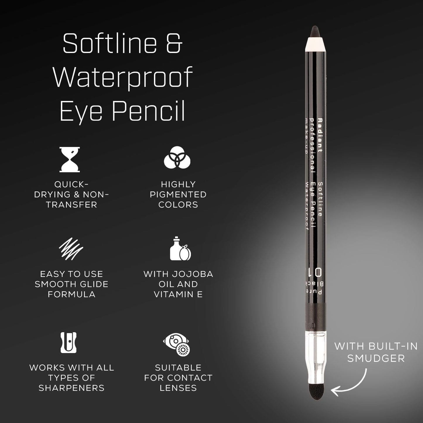 Radiant Professional Black Waterproof Eyeliner Pencil - Eyeliner Waterproof Smudge Proof - Long Lasting Under Eye Pencil for Smoky Eye - Soft Waterline Eye liner Smudger Tool, Smoky Black (30)