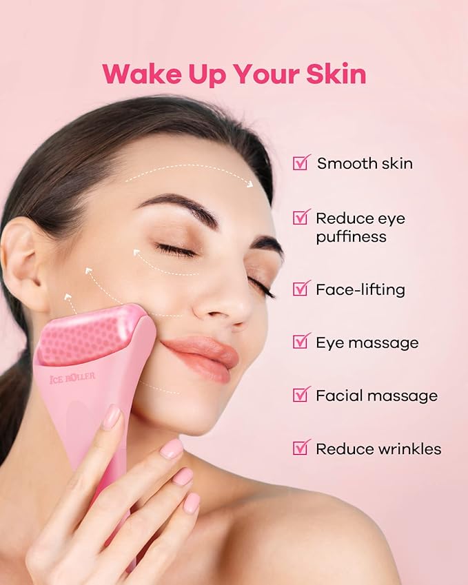 BearKig Ice Roller, Ice Roller for Face, Ice Face Roller, Cold Facial Ice Roller Massager for Eye Puffiness, Women's Gifts, Migraine, TMJ Pain Relief & Minor Injuries, Skin Care Products (Pink)
