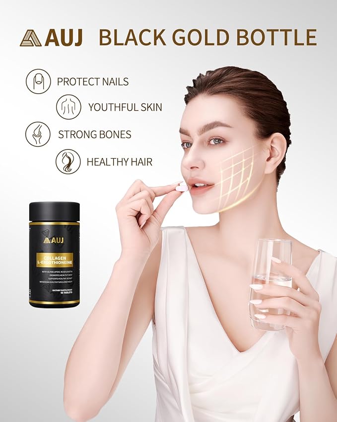 AUJ Multi-Active Collagen, 2300mg Peptan® Bovine Collagen Peptides Type I, II, III,3000mg Biotin, Ergothioneine (ET), Alpha Lipoic Acid, Nails Beauty Complex, for Women & Men, 45 Capsules