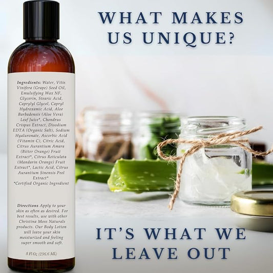 Christina Moss Naturals Unscented Body Lotion, Natural and Organic Ingredients, Gentle, No Toxic Chemicals