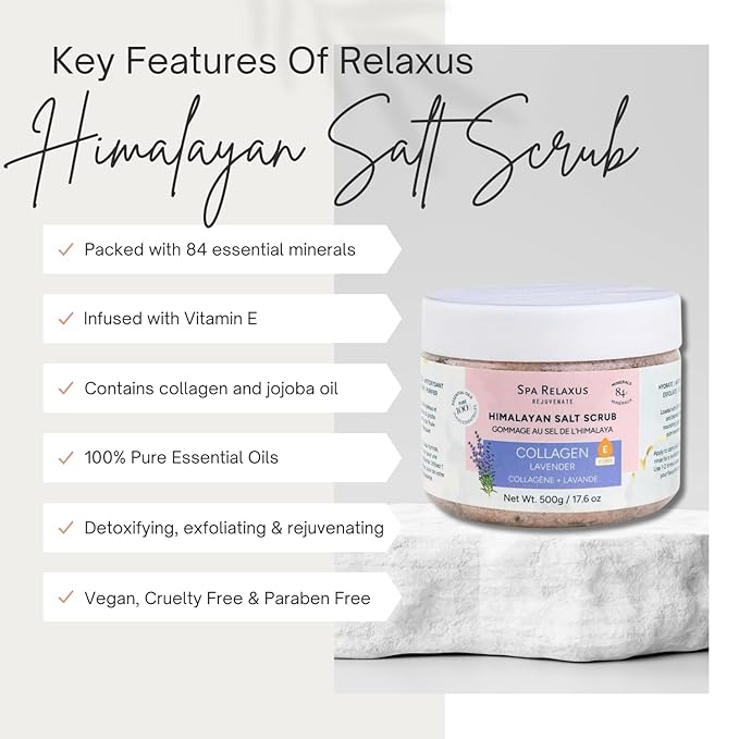 Spa Relaxus Himalayan Salt Scrub with Collagen 17.6 oz Jar, Rejuvenating Hydrating Salt Scrub with 84+ Minerals, Vitamin E, Jojoba Oil and Essential Oils (17.6 oz, Lavender)