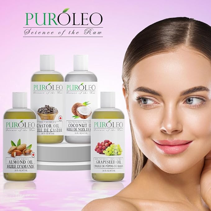 PURÓLEO Carrier Oil Gift Set- 4 Pcs - Coconut Oil- Almond Oil - Castor Oil - Grapeseed Oil - 100% Natural Moisturizing Massage 4 Pc (16 Fl Oz)