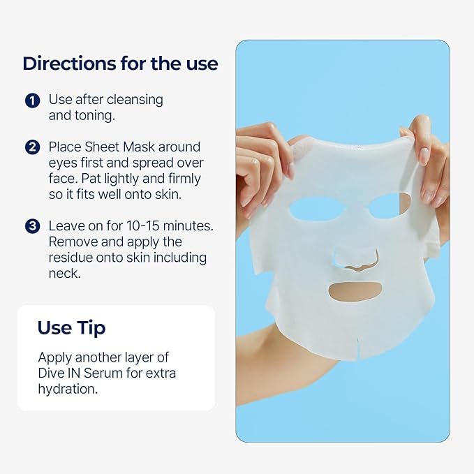 Torriden DIVE IN Hyaluronic Acid Facial Mask (10 sheets) | Extra Moisturizing Care | Hyaluronic Acid, Panthenol, Allantoin | Korean Face Mask