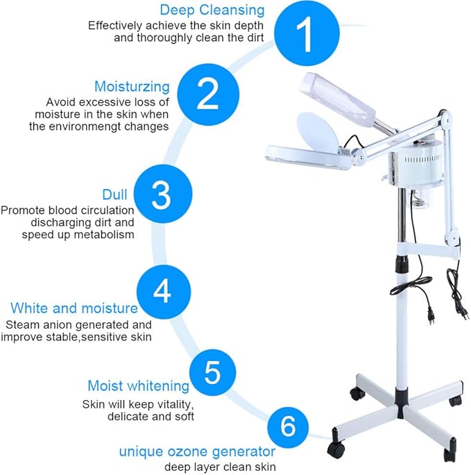 GOTOTOP Facial Steamer with Magnifying Lamp 3In1 Uv Facial Steamer Cold Light Led 5X Magnifier Floor Lamp 800W for Salon Spa Beauty,White