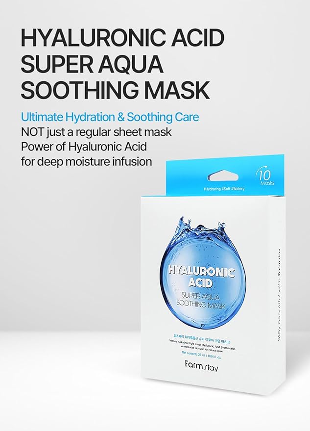 FARMSTAY Hyaluronic Acid Super Aqua Soothing Mask - Deep Hydration & Skin Calming Sheet Mask with Hyaluronic Acid - Moisturizing Care for All Skin Types, 0.84 fl.oz*10 Sheets