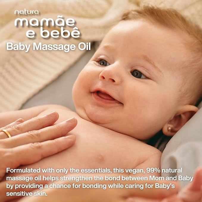 natura - Mamãe e Bebê Baby Massage Oil - 100% Vegan - Safe & Gentle Lightweight Formula - 99% Natural Origin - All Skin Types - Cruelty Free - Brazilian Beauty - Baby Essentials - 3.38 fl oz (100ml)