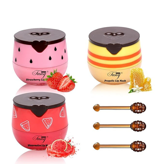 Honey Lip Balm, Bee Lip Balm Honey Pot,Moisturizing Lip Mask Overnight,Hydrate Repair Prevent Dry Cracked Lip Care (3, Honey+Strawberry+Watermelon)