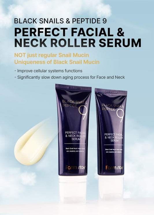 Farmstay Black Snail & Peptide 9 Perfect Facial & Neck Roller Serum – Firming & Lifting, Deep Hydration & Skin Elasticity, Snail Mucin & 9 Peptides for Youthful Glow & Smooth Skin, 100ml