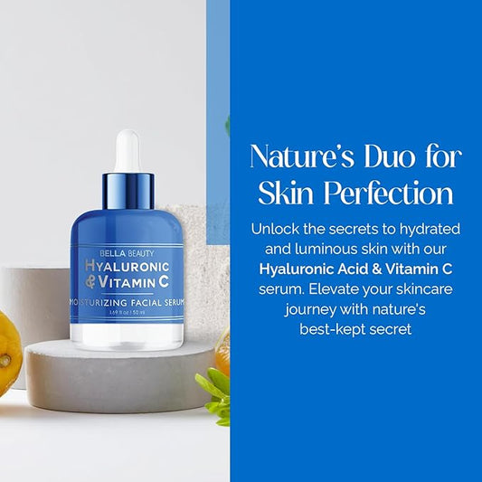 Bella Beauty Hyaluronic Acid & Vitamin C Moisturizing Facial Serum - Hydrating, Reduces Wrinkles & Fine Lines, Boosts Collagen - Dermatologist Tested, Korean Skin Care for All Skin Types - 1.69 Fl. Oz