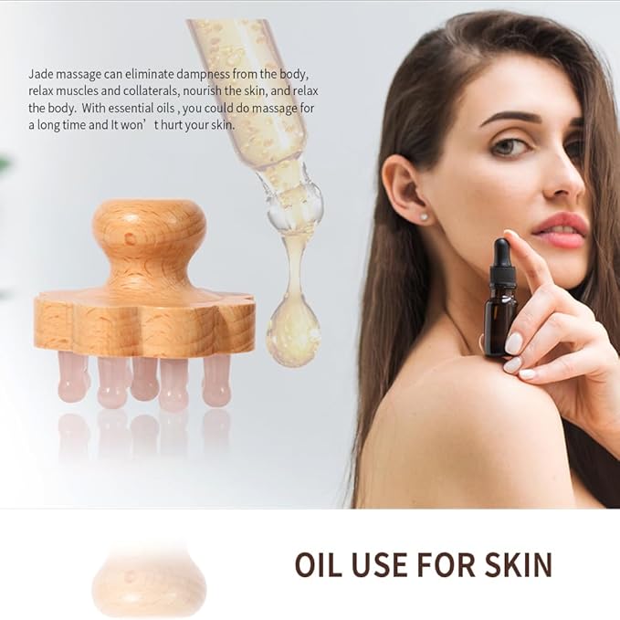 Natual Jade Massage Head, with Wooden Hander Comb,for Scalp Massager, Head Ficial, Body Acupressure Tool,gua sha Scraping, Relieve Fatigue,Stress Relax Device,for Hair Growth (Pink)