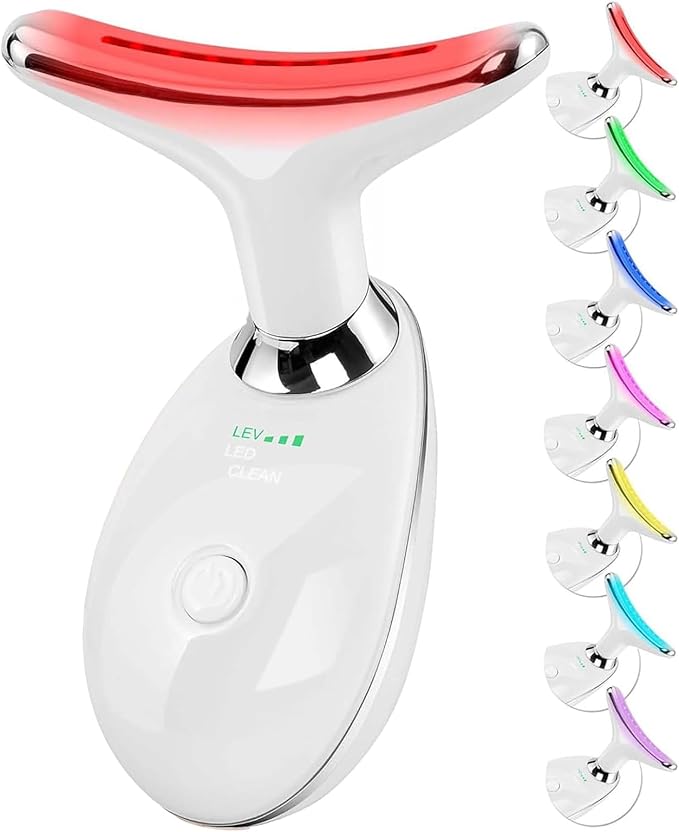 7 Color Facial and Neck Massager, Multifunctional Facial Skin Care Tool, Face Neck Massager for Daily Skin Care Routine, Facial Massager Tool (White)