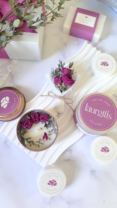 Rose & Jasmine Spa Gift Baskets for Women – Luxury Birthday Bath Gifts for Mom, Wife, Sister, Friend - Self-Care and Relaxation Mother’s Day Gifts - Gift Baskets for Her for All Occasions