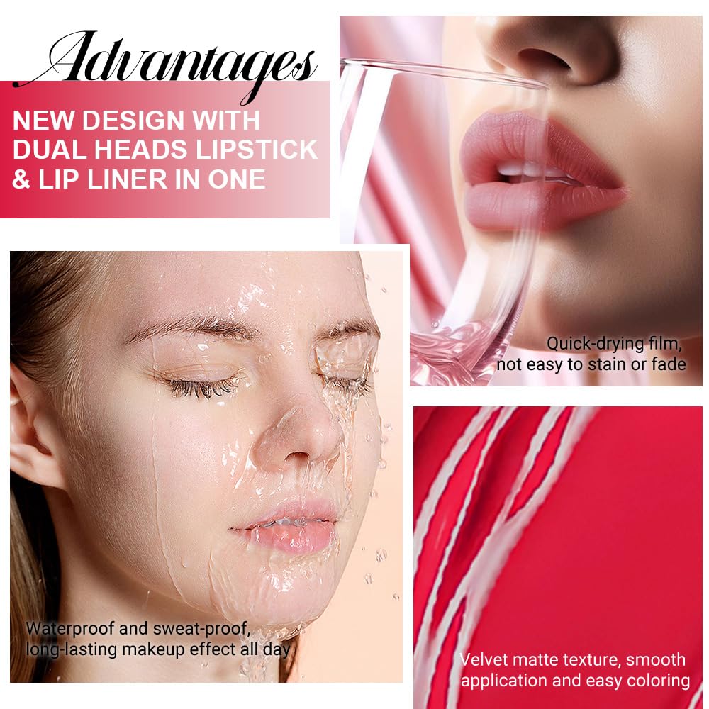 evpct 1Pcs Fire Bright Red Matte Lip Liner & Liquid Lipstick Stain Makeup Set for Women, Red Lip Liner Stain Long Lasting Waterproof Smudge Proof, Cruelty Free Lip Stick Makeup 24 hours originales, 64