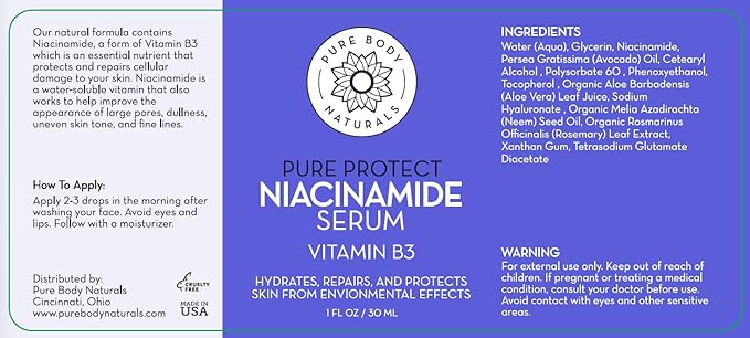 Pure Body Naturals Vitamin B3 Niacinamide Serum, 1 Fluid Ounce - Super Moisturizer Cream for A Younger Looking Face and Body - Pore Reducing Facial Lotion - Pure and Natural Ingredients