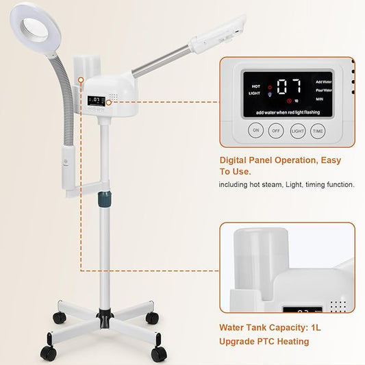 Professional Facial Steamer with 5X Magnifying Lamp, 2 in 1 Facial Steamer Upgrade PTC Heating, Esthetician Steamer Mist Face Steamer for Salon Spa Beauty Skin Care
