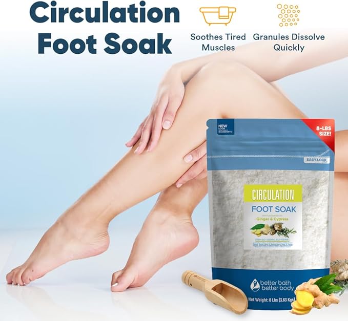 Circulation Foot Soak 128oz (8 Lbs) Epsom Salt Home Spa Soothing Soaks with Natural Ginger and Cypress Essential Oils Plus Vitamin C in BPA Free Pouch with Easy Press Lock Seal Made in USA