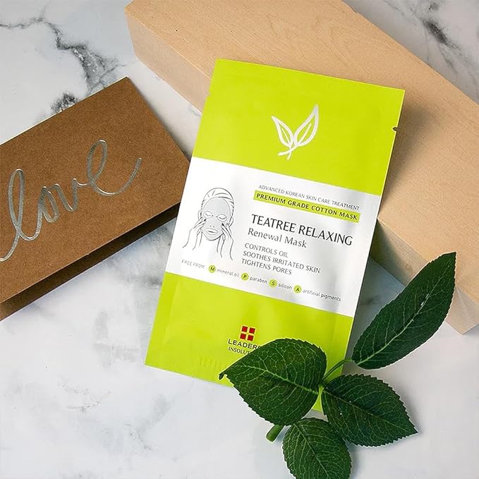 Leaders Insolution Tea Tree Relaxing Skin Renewal Mask | Soothing Facial Sheet for Acne, Oil Control, and Sensitive Skin | Hydrating Botanicals | Calms Redness, Smooth (5 Sheets)