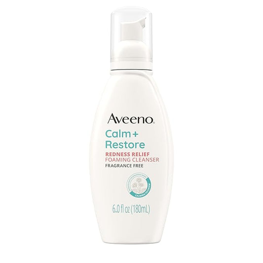 Aveeno Calm + Restore Redness Relief Foaming Cleanser, Daily Facial Cleanser With Calming Feverfew to Help Reduce the Appearance of Redness, Hypoallergenic & Fragrance-Free, 6 fl. oz