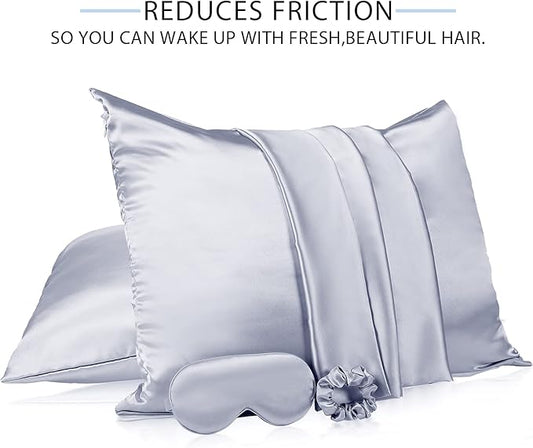 2 Pack Satin Pillowcase with Latent Zipper, Adjustable Satin Eye Mask for Sleeping and Satin Volume Scrunchie for Hair and Skin, Standard Size (Silver,Classic Style)