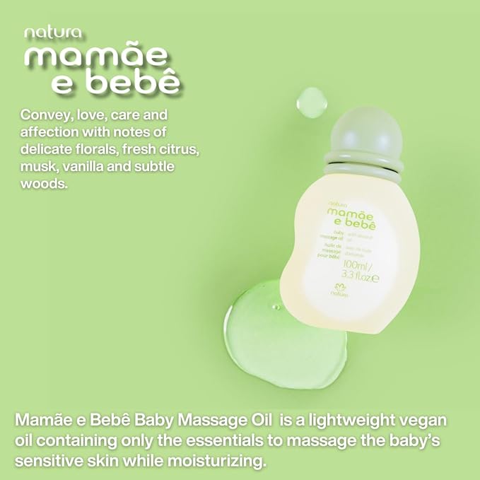 natura - Mamãe e Bebê Baby Massage Oil - 100% Vegan - Safe & Gentle Lightweight Formula - 99% Natural Origin - All Skin Types - Cruelty Free - Brazilian Beauty - Baby Essentials - 3.38 fl oz (100ml)