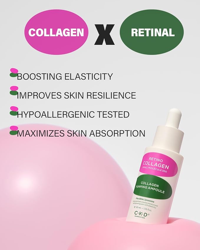 CKD Retino Collagen Small Molecule 300 Collagen Pumping Ampoule, Dual Function Face Ampoule for Wrinkle Care & Tone Correction, Anti-aging Serum to Improve Skin Density & Firmness, 1.01 fl. oz.