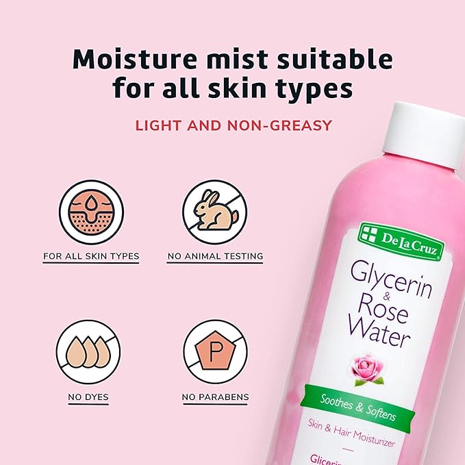 De La Cruz Rose Water and Glycerin for Face - Rosewater Facial Toner and Moisturizer for Skin and Hair 8 fl oz (236 mL) - 6 Bottles