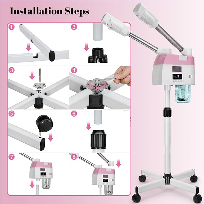Professional Facial Steamer,2 in 1 Facial Steamers with Hot&Cool Mist, Height Adjustable Face Steamer, Pink Esthetician Steamer for Home Salon Spa