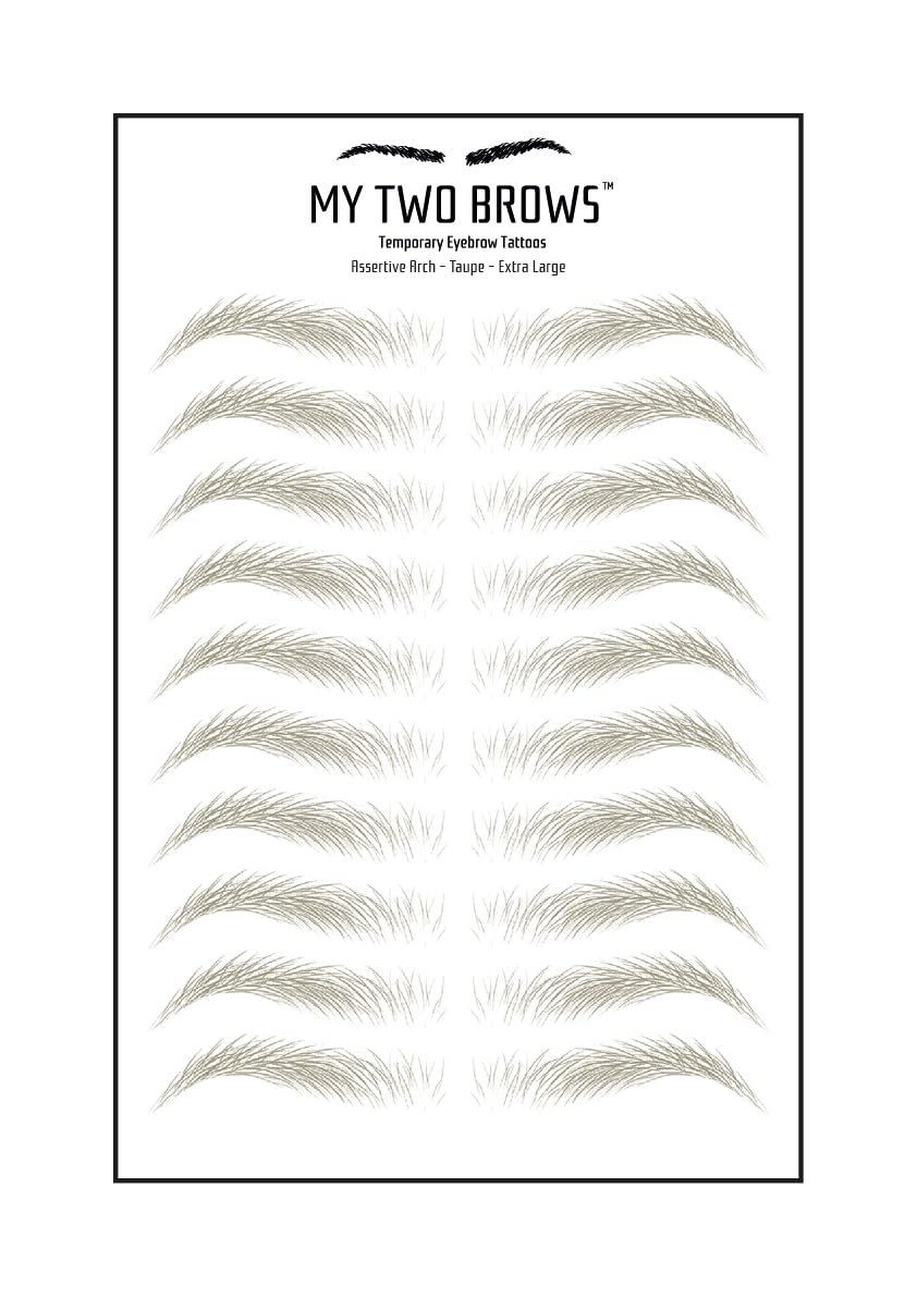 (10 pairs) Taupe Temporary Eyebrow Tattoo - Extra Large Size - Waterproof & Smudgeproof - Assertive Arch Style Eyebrow Stickers - Sheet Lasts up to 30 Days - Won't Work on Existing Brows