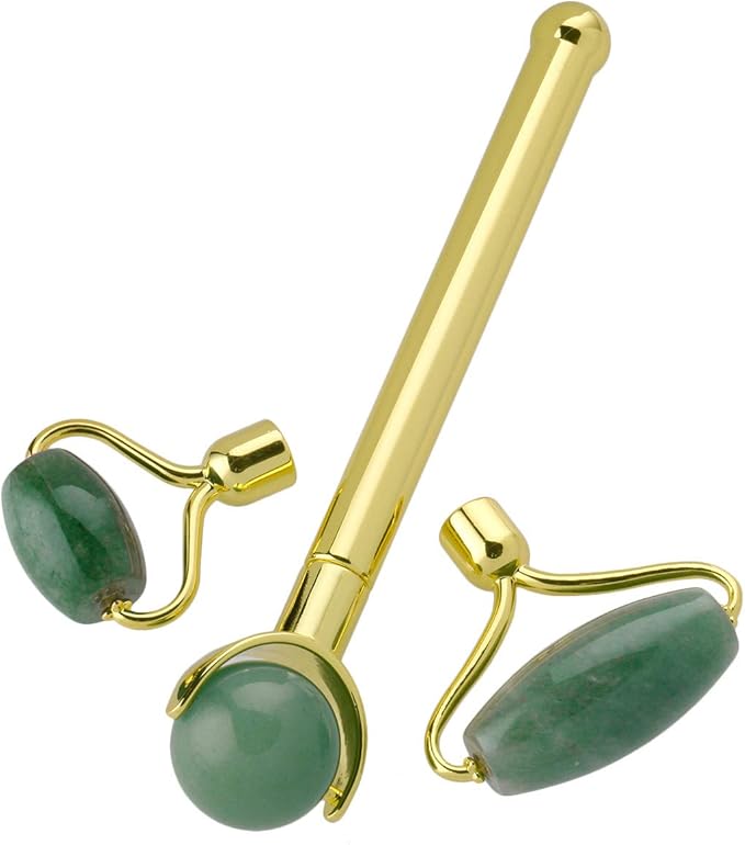 mookaitedecor Jade Roller Green Aventurine 3 in 1 Set Removable Replacement Rollers, Anti-Aging Massager Tool for Face and Neck