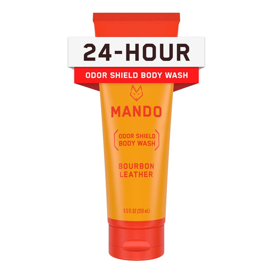 Mando Odor Shield Body Wash - 24 Hour Control - Removes Odor Better than Soap - SLS and Paraben Free, Skin Safe - 8.5 Ounce (Bourbon Leather)