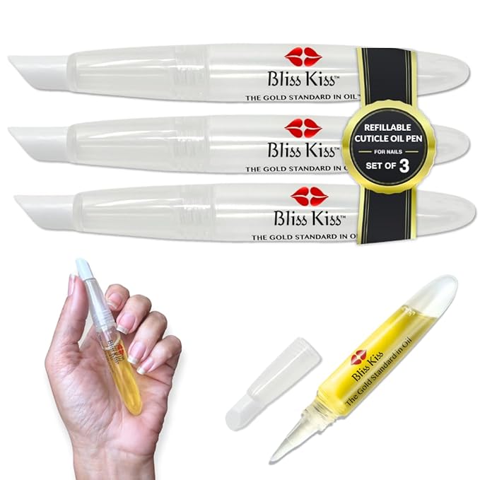 Bliss Kiss Refillable Squeeze Cuticle Oil Pen, Empty 3-Pack, Ideal for Nail Growth Oil and Nail Oil Application
