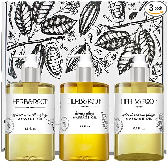 Massage Oil Gift Set, Warming Massage Oils for Couples, Vanilla, Cocoa, and Honey, Edible Massage Oils by Herb & Root, Blend to Relax Tense Muscles, Hypoallergenic Skin Therapy,