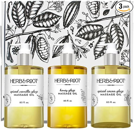 Massage Oil Gift Set, Warming Massage Oils for Couples, Vanilla, Cocoa, and Honey, Edible Massage Oils by Herb & Root, Blend to Relax Tense Muscles, Hypoallergenic Skin Therapy,