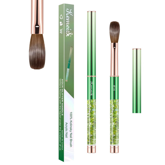 Acrylic Nail Brush Size #14, KEMEISI 100% Pure Kolinsky Nail Art Brushes Sturdy Handle Oval Shaped Acrylic Powder Nail Design Tools for Professional Manicure DIY Home Salon (Green)