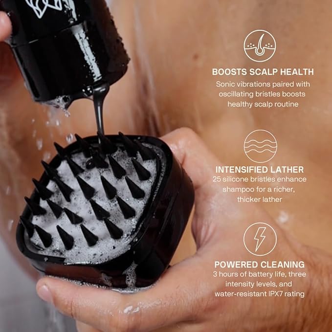 Black Wolf Sonic Scalp Scrubber - Electric Hair & Scalp Massager Brush with 3-Speed Oscillation - Rechargeable Shower Brush & Head Scrubber with Soft Silicone Bristles for Deep Clean & Exfoliation