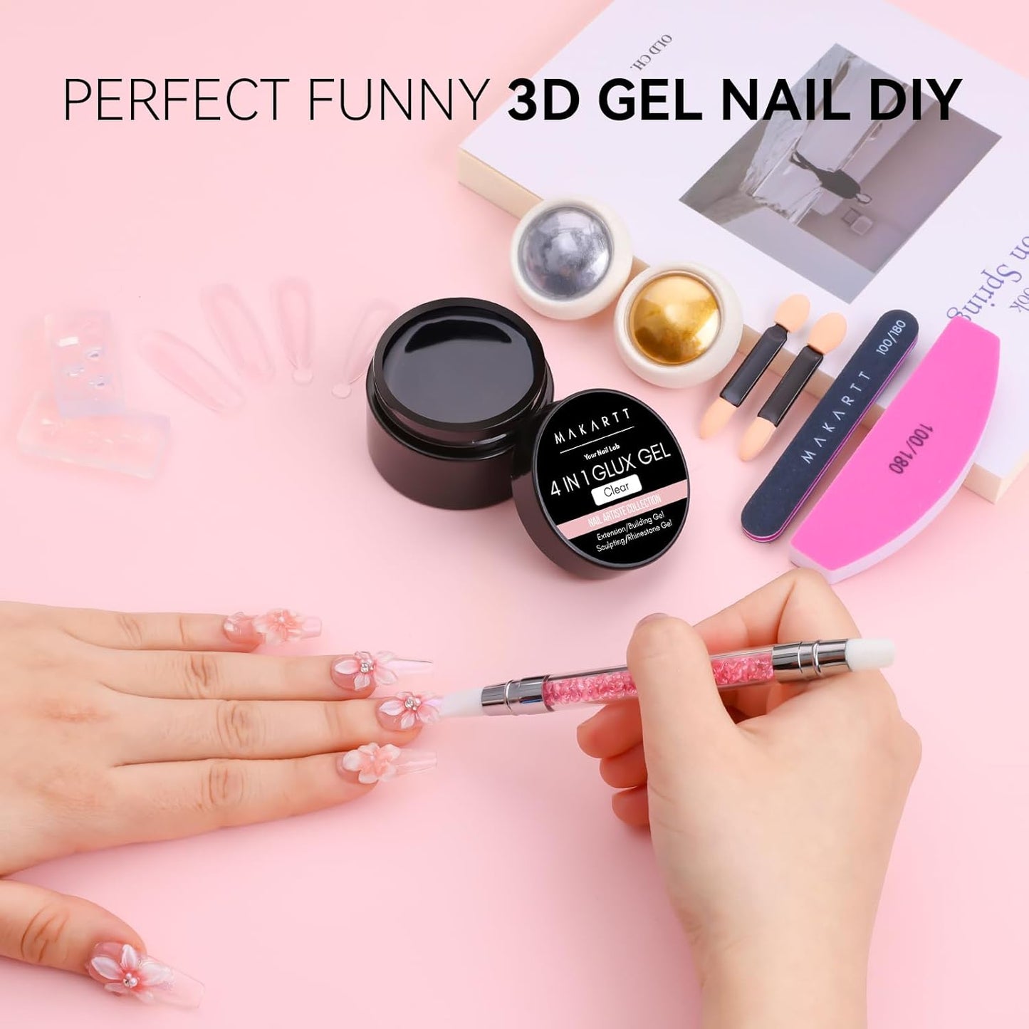 Makartt 3D Gel Nail Art: Solid Gel Builder for Nails Starter Kit, 30ml Clear for Extension 3D Sculpting Carving DIY Manicure, Molding Hard Gels with Gold & Silver Chrome Powder Silicone Molds & Brush