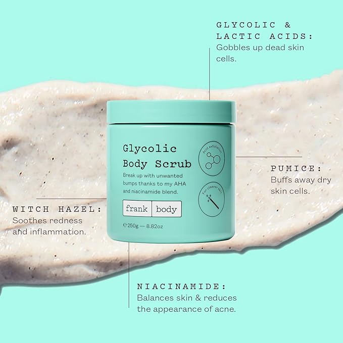 frank Body Glycolic Body Scrub | Vegan, Cruelty Free, Exfoliating Body Scrub | Helps to Fight Breakouts and Soothes Skin & Marks with AHA, Pumice, Witch Hazel, and Niacinamide | 8.82 oz / 250 g