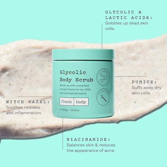 frank Body Glycolic Body Scrub | Vegan, Cruelty Free, Exfoliating Body Scrub | Helps to Fight Breakouts and Soothes Skin & Marks with AHA, Pumice, Witch Hazel, and Niacinamide | 8.82 oz / 250 g
