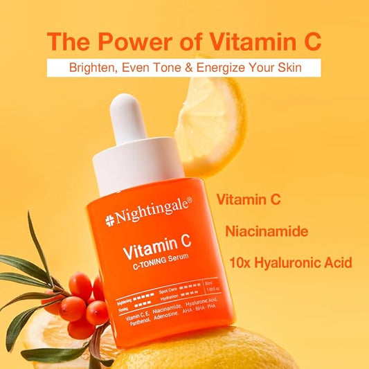 NIGHTINGALE C-TONING VITAMIN C SERUM For Face,Anti Aging and Skin Brightening with Vitamin C,Niacinamide, Hyaluronic Acid,Vitamin E,Adenosine,Reduces dark Spots, uneven skin Tone, 1.69fl.oz(50ml)