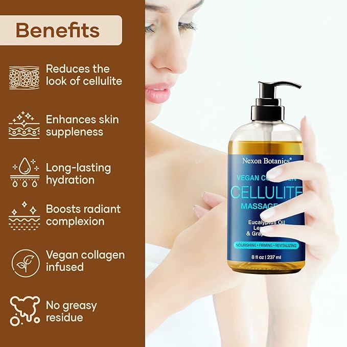 Anti-Cellulite Massage Oil for Massage Therapy 8 fl oz - Vegan Collagen Oil for Thighs, Butt, and Legs - Reduces Cellulite for Women and Men - Nexon Botanics
