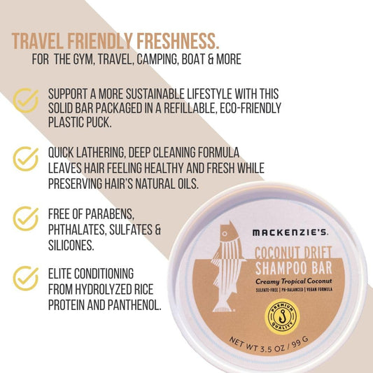 MACKENZIE'S Coconut Drift Shampoo Bar - Gifts for Fishermen - Vegan - Sulfate-Free - Eco Friendly - Zero Waste - Reusable Packaging with Travel Container - 3.5 OZ