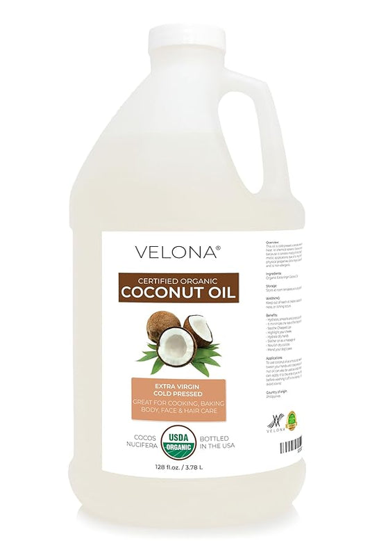Velona USDA Certified Organic Coconut Oil Extra Virgin - 1 Gallon / 128 Fl Oz | Food and Cosmetic Grade | in jar | Extra Virgin, Cold-Pressed