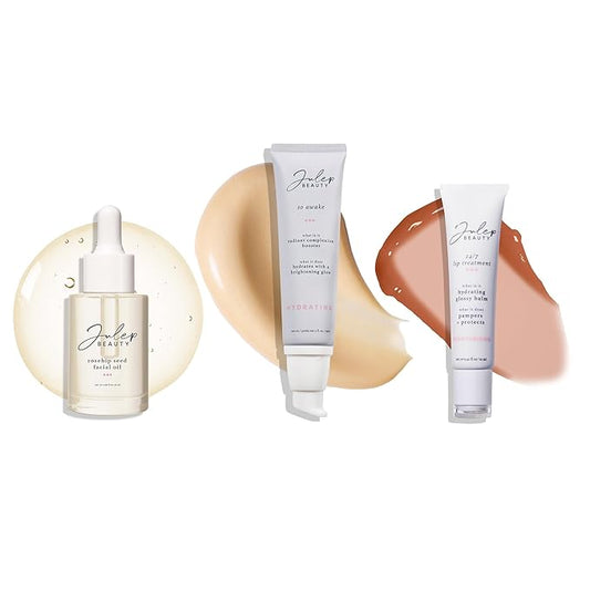 Julep Glow Essentials: Antioxidant Rosehip Seed Facial Oil, So Awake Snail Mucin Radiant Complexion Booster & Moisturizer, and 24/7 Lip Treatment -Sheer Joy - Complete Hydration and Nourishment Set