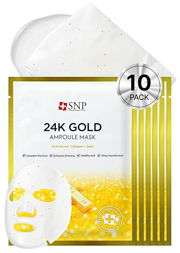 [K Beauty] 24K Gold Ampoule Sheet Mask | Collagen Face Masks Skincare | For Tightening, Hydrating, and Nourishing | Korean Skin Care | Overnight Face Masks | Moisturizing Sheet Mask | 10 Sheets