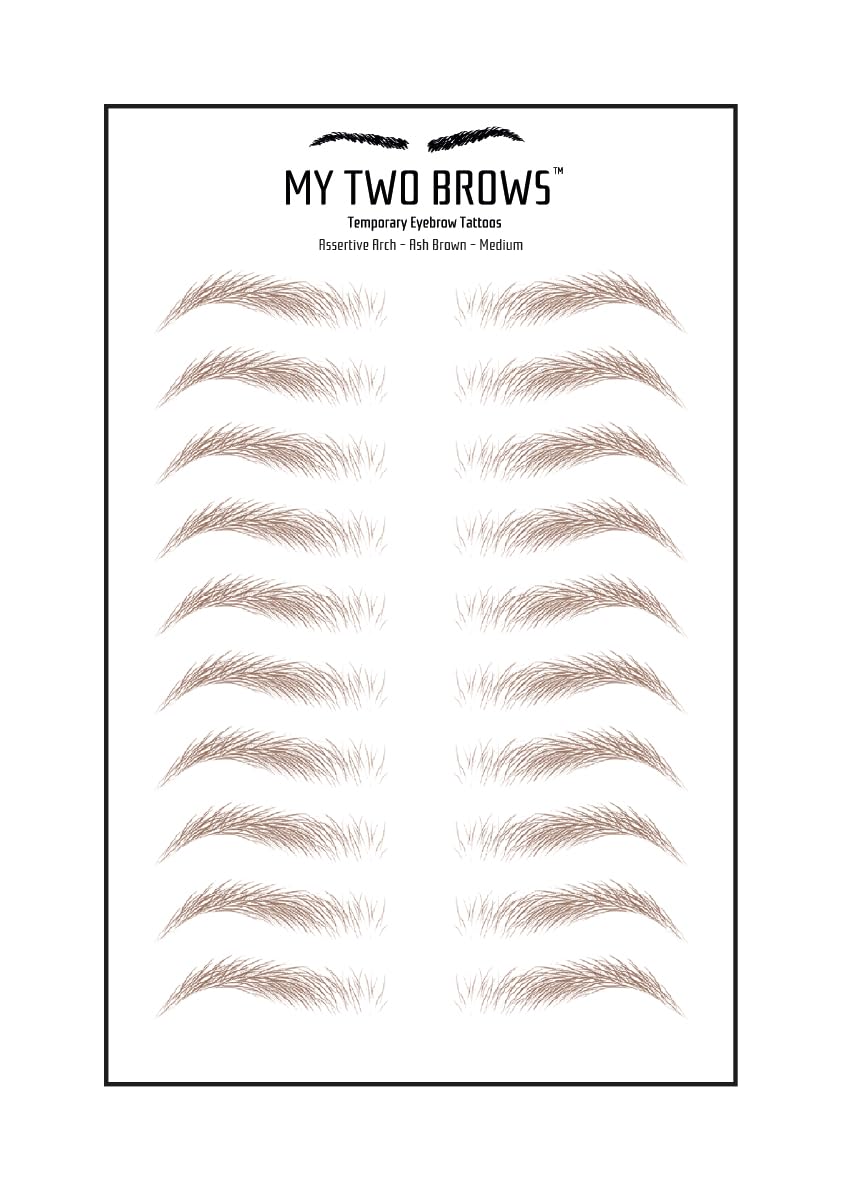 (10 pairs) Ash Brown Temporary Eyebrow Tattoo - Medium Size - Waterproof & Smudgeproof - Assertive Arch Style Eyebrow Stickers - Sheet Lasts up to 30 Days - Won't Work on Existing Brows