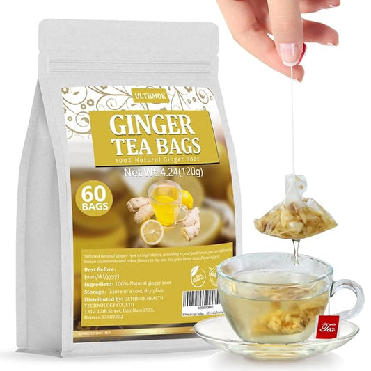 60 Premium Ginger Tea Bags, Made with 100% Natural Ginger Root, Warm & Spicy, Support Digestion & Boost Immunity, No Additives & Caffeine Free.